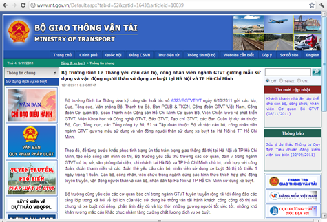 Văn bản 6323 của Bộ trưởng Thăng trên Webside của Bộ Giao thông vận tải yêu cầu các nhân viên tích cực đi xe buýt